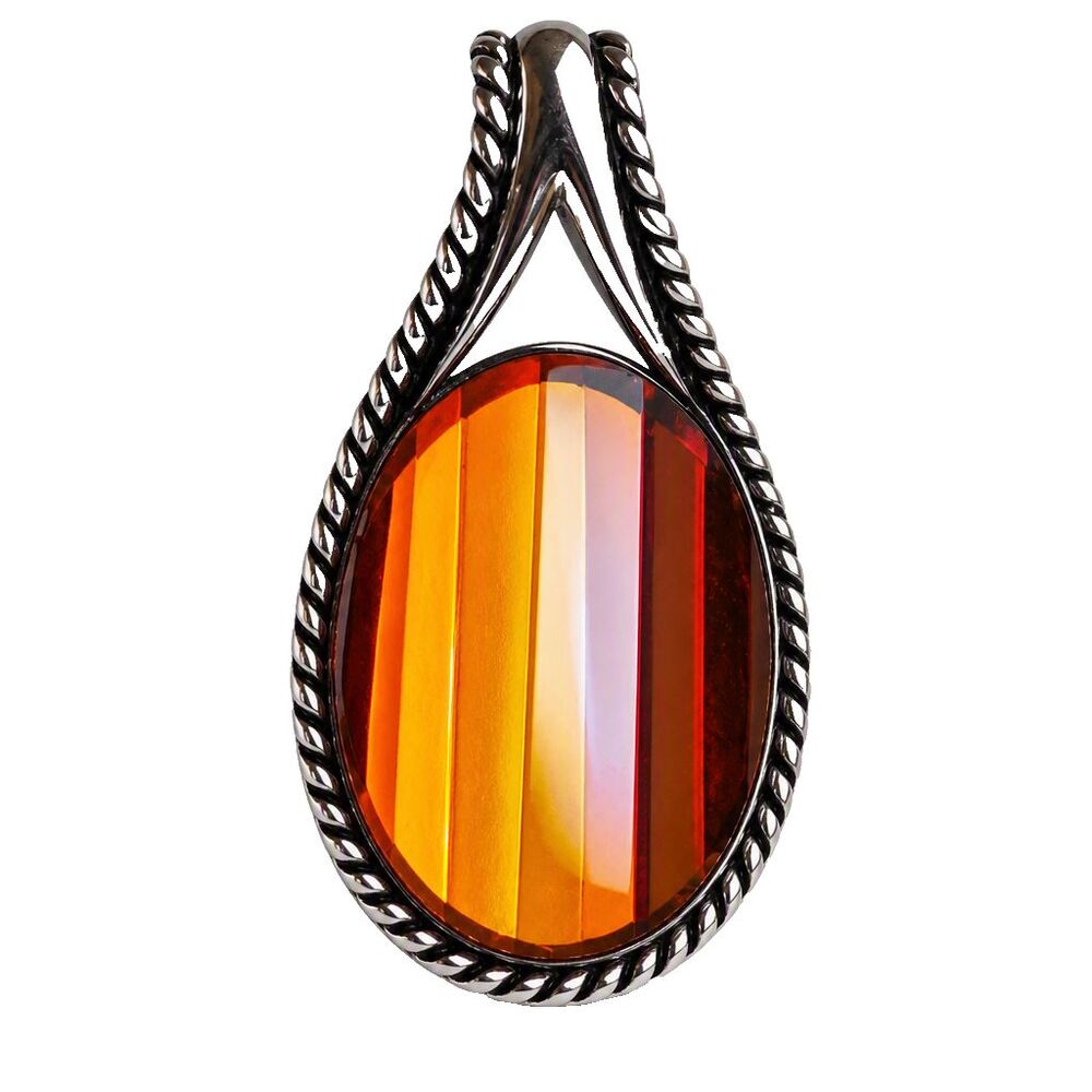 Signed "LR" VTG Style Silver Tone Amber Tone Faceted Stone Rope Design Pendant